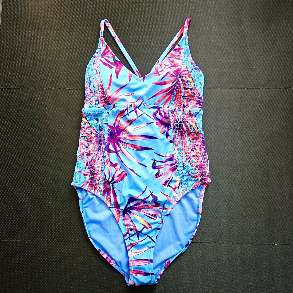 Jessica Simpson Lilac Tropical Palm Smocked One Piece Swimsuit SSPD20801 XL
